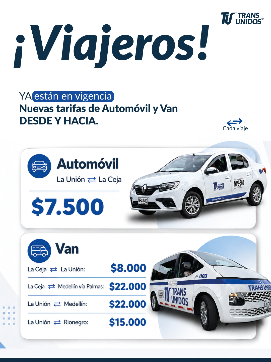 Nuevas tarifas Van y Automóvil